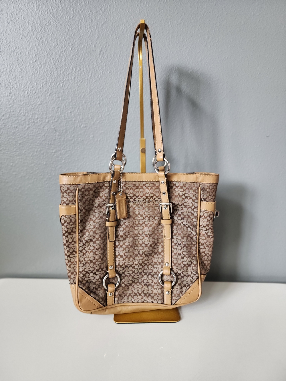 Coach Signature Gallery Tote F11526 Khaki Brown Canvas Leather Trim Shoulder Bag